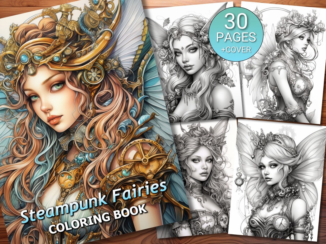 30 Steampunk Fairies Coloring Page Book - Adults + Kids - Instant ...