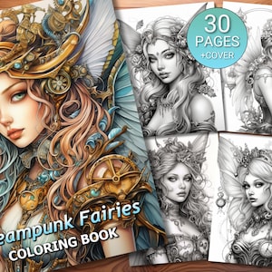 30 Steampunk Fairies Coloring Page Book - Adults + Kids - Instant Download - Grayscale Coloring Page - Printable PDF