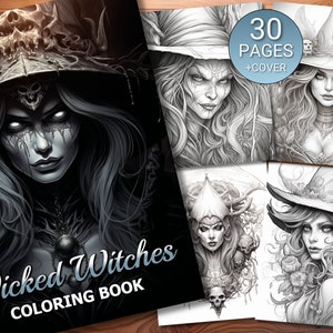 May include: A coloring book titled "Wicked Witches Coloring Book" with a black and white illustration of a witch with a skull-shaped hat and flowing hair. The book cover also shows a preview of four other illustrations of witches, each with a different style of hat and hair. The book contains 30 pages plus a cover.