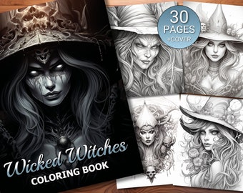 Könnte beinhalten: Ein Malbuch mit dem Titel "Wicked Witches Coloring Book" mit einer Schwarzweißillustration einer Hexe mit einem schädelförmigen Hut und wallendem Haar. Der Buchumschlag zeigt auch eine Vorschau auf vier weitere Illustrationen von Hexen, jede mit einem anderen Hut- und Haarstil. Das Buch enthält 30 Seiten plus einen Einband.