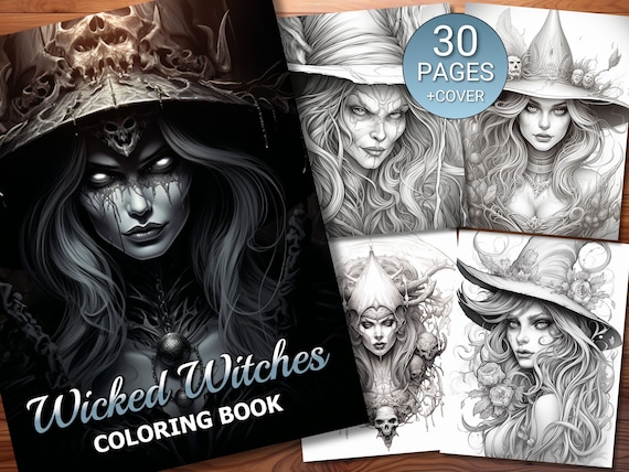 30 Wicked Witches Coloring Page Book - Adults + Kids - Instant Download - Grayscale Coloring Page - Printable PDF