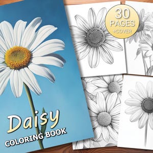 30 Daisy Coloring Page Book - Adults + Kids - Instant Download - Grayscale Coloring Page - Printable PDF