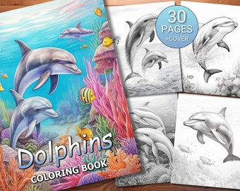 30 Dolphins Coloring Page Book - Adults + Kids - Instant Download - Grayscale Coloring Page - Printable PDF