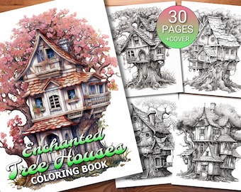 30 Enchanted Tree Houses Coloring Page Book - Adults + Kids - Instant Download - Grayscale Coloring Page - Printable PDF