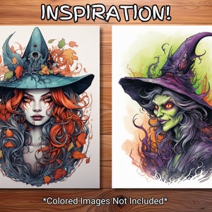 May include: Two digital illustrations of witches with different styles. The witch on the left has long red hair and a blue hat with autumn leaves. The witch on the right has long gray hair and a purple hat with green skin.