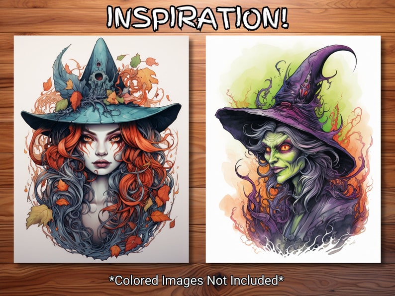 May include: Two digital illustrations of witches with different styles. The witch on the left has long red hair and a blue hat with autumn leaves. The witch on the right has long gray hair and a purple hat with green skin.