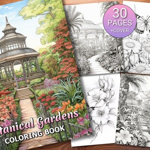 30 Botanische Gärten Malseiten - Erwachsene + Kinder - Sofortiger Download - Graustufen Malseite - Druckbare PDF
