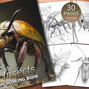30 Insects Coloring Page Book - Adults + Kids - Instant Download - Grayscale Coloring Page - Printable PDF