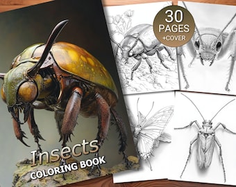 30 Insetos Livro de Colorir - Adultos + Crianças - Download Instantâneo - Página para Colorir em Tons de Cinza - PDF para Imprimir