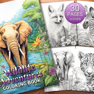 30 Wildlife Adventures Coloring Page Book - Adults + Kids - Instant Download - Grayscale Coloring Page - Printable PDF