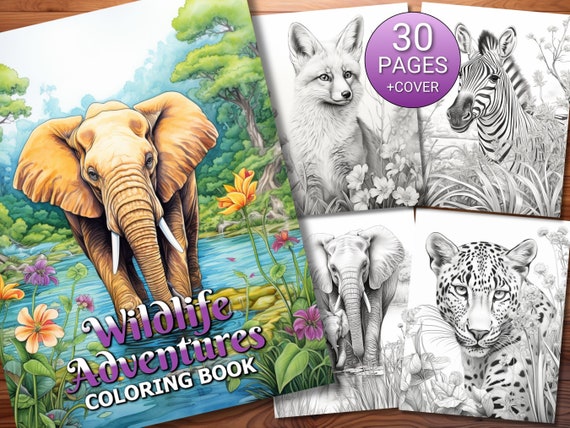 30 Wildlife Adventures Coloring Page Book - Adults + Kids - Instant Download - Grayscale Coloring Page - Printable PDF