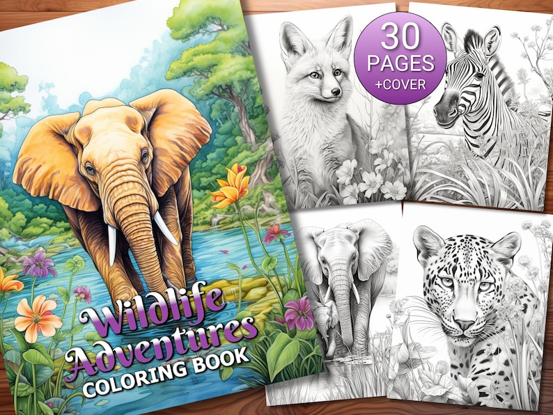 K&ouml;nnte beinhalten: Ein Malbuchcover mit einer farbenfrohen Illustration eines Elefanten in einer Dschungelumgebung. Der Titel des Buches lautet "Wildlife Adventures Coloring Book" und das Cover gibt an, dass das Buch 30 Seiten plus ein Cover enth&auml;lt.