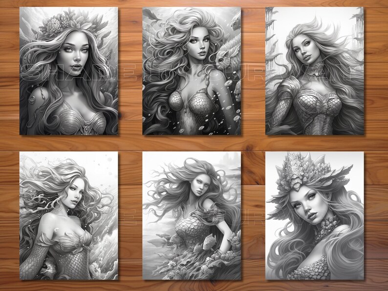 May include: Six black and white illustrations of mermaids with flowing hair and intricate details. Each mermaid is depicted with a unique pose and expression, showcasing their beauty and grace.