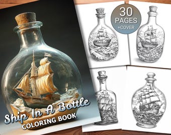 Könnte beinhalten: Ein Malbuch mit 30 Seiten plus einem Cover mit einem Schiff in einer Flasche. Das Cover zeigt eine detaillierte Illustration eines Schiffes in einer Glasflasche mit einem Korkstopfen. Der Titel des Buches lautet "Ship In A Bottle Coloring Book".