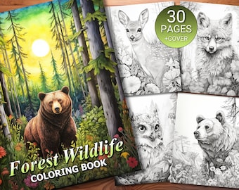 30 Forest Wildlife Coloring Page Book - Adults + Kids - Instant Download - Grayscale Coloring Page - Printable PDF