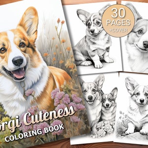 30 Corgi Cuteness Coloring Page Book Adults Kids Instant Download Grayscale Coloring Page Printable PDF image 1