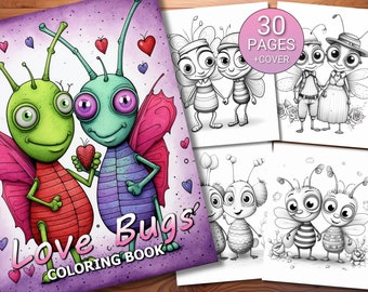 30 Love Bugs Coloring Page Book - Adults + Kids - Instant Download - Grayscale Coloring Page - Printable PDF