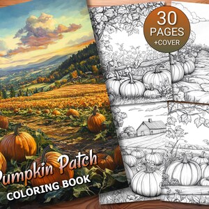 Op de afbeelding: Een kleurboek met een omslagbeeld van een pompoenveld met een bergketen op de achtergrond. De titel van het boek is "Pumpkin Patch Coloring Book". Het boek heeft 30 pagina's plus een omslag.
