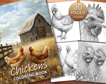 May include: A colouring book titled "Chickens" with a cover showing two brown and tan chickens in a field with a barn. The book includes 30 pages of black and white chicken illustrations.