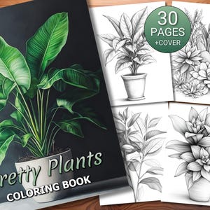 30 Pretty Plants Coloring Page Book - Adults + Kids - Instant Download - Grayscale Coloring Page - Printable PDF