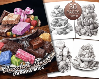 30 Chocolate Treats Coloring Page Book - Adults + Kids - Instant Download - Grayscale Coloring Page - Printable PDF