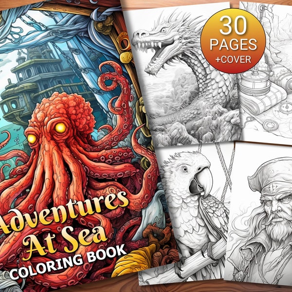 30 Adventures At Sea Coloring Page Book - Adults + Kids - Instant Download - Grayscale Coloring Page - Printable PDF