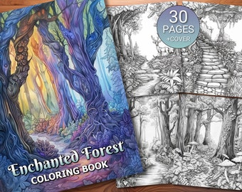 30 Enchanted Forest Coloring Page Book - Adults + Kids - Instant Download - Grayscale Coloring Page - Printable PDF