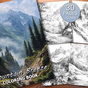 30 Mountain Breeze Coloring Page Book - Adults + Kids - Instant Download - Grayscale Coloring Page - Printable PDF