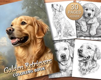 Målarbok med 30 golden retrievers - Vuxna + barn - Direkt nedladdning - Gråskalig målarbild - Utskrivbar PDF