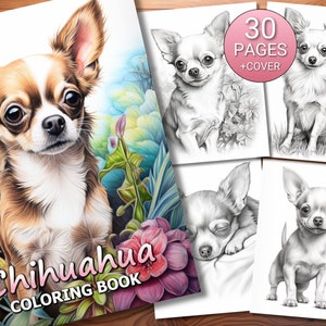 30 Chihuahua Coloring Page Book - Adults + Kids - Instant Download - Grayscale Coloring Page - Printable PDF