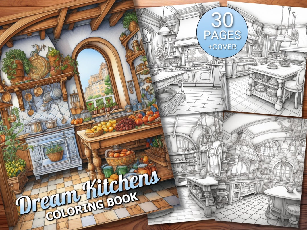 30 Dream Kitchens Coloring Page Book - Adults + Kids - Instant Download ...