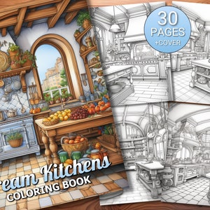 30 Dream Kitchens Coloring Page Book - Adults + Kids - Instant Download - Grayscale Coloring Page - Printable PDF