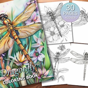 30 Dragonfly Coloring Page Book - Adults + Kids - Instant Download - Grayscale Coloring Page - Printable PDF
