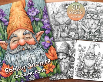 30 Spring Gnomes Coloring Page Book - Adults + Kids - Instant Download - Grayscale Coloring Page - Printable PDF