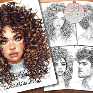 30 Curly Hairstyles Coloring Page Book - Adults + Kids - Instant Download - Grayscale Coloring Page - Printable PDF