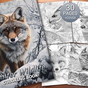 May include: A winter wildlife coloring book featuring a detailed illustration of a fox on the cover. Inside, there are black and white drawings of an owl, deer, and other foxes. The cover reads "Winter Wildlife Coloring Book" with "30 PAGES + COVER" in a circle.