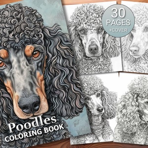 May include: A colouring book featuring a black and white poodle with the title "Poodles Colouring Book" and the text "30 Pages + Cover".