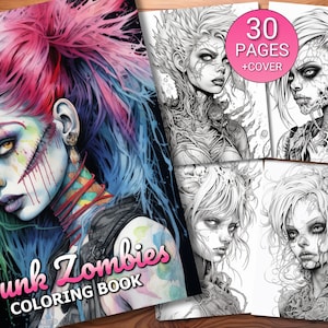 30 Punk Zombies Coloring Page Book - Adults + Kids - Instant Download - Grayscale Coloring Page - Printable PDF