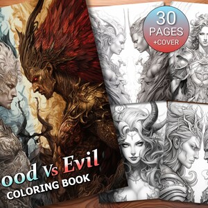 30 Good Vs Evil Coloring Page Book - Adults + Kids - Instant Download - Grayscale Coloring Page - Printable PDF