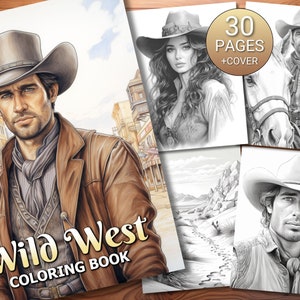 30 Wild West Coloring Page Book - Adults + Kids - Instant Download - Grayscale Coloring Page - Printable PDF
