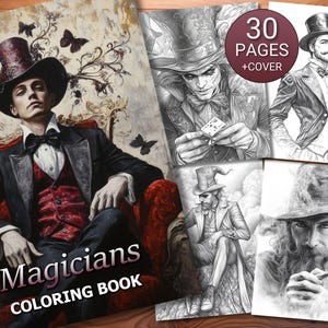 Libro para colorear de 30 magos - Adultos y niños - Descarga instantánea - Página para colorear en escala de grises - PDF imprimible