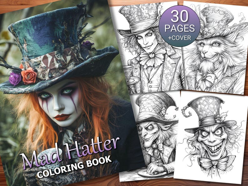 Hatter Text 30 Mad Hatter Coloring Page Book - Adults + Kids - Instant Download ...