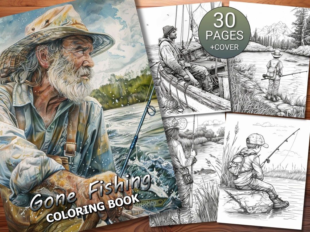 30 Gone Fishing Coloring Page Book Adults + Kids Instant Download