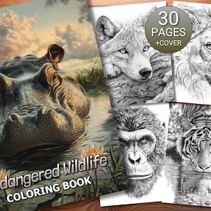 Pode incluir: Um livro para colorir intitulado "Endangered Wildlife" com um hipopótamo na água e várias ilustrações de animais a preto e branco. O livro inclui 30 páginas mais a capa, com imagens de um lobo, um leão, um gorila e um tigre.