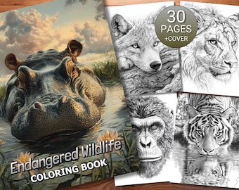 30 Endangered Wildlife Coloring Page Book - Adults + Kids - Instant Download - Grayscale Coloring Page - Printable PDF