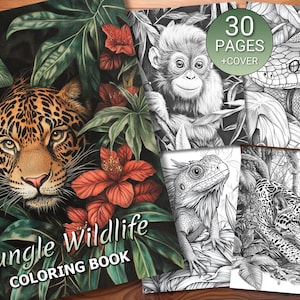 30 Jungle Wildlife Coloring Page Book - Adults + Kids - Instant Download - Grayscale Coloring Page - Printable PDF