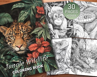 30 Jungle Wildlife Coloring Page Book - Adults + Kids - Instant Download - Grayscale Coloring Page - Printable PDF