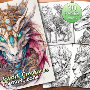 30 Clockwork Creatures Coloring Page Book - Adults + Kids - Instant Download - Grayscale Coloring Page - Printable PDF