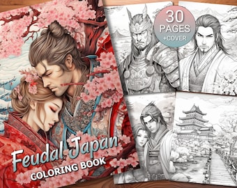 30 Libro de páginas para colorear del Japón feudal - Adultos + Niños - Descarga instantánea - Página para colorear en escala de grises - PDF imprimible