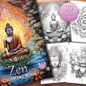 30 Zen Coloring Page Book - Adults + Kids - Instant Download - Grayscale Coloring Page - Printable PDF